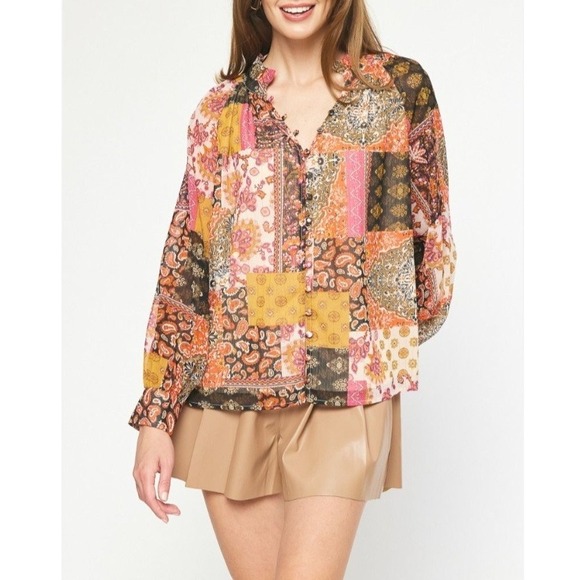 entro Tops - Entro Women PatchworkPaisley RuffleNeckLurex ButtonDown BlouseOrangeMediumOrange